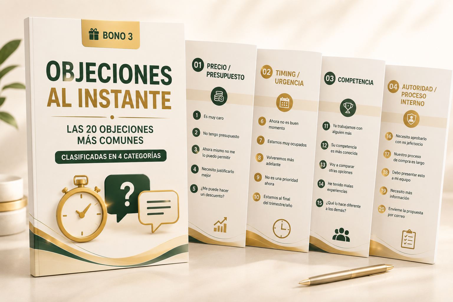 Mockup de Objeciones al Instante: libro con portada verde y oro y cuatro páginas verticales con las 20 objeciones clasificadas en 4 categorías