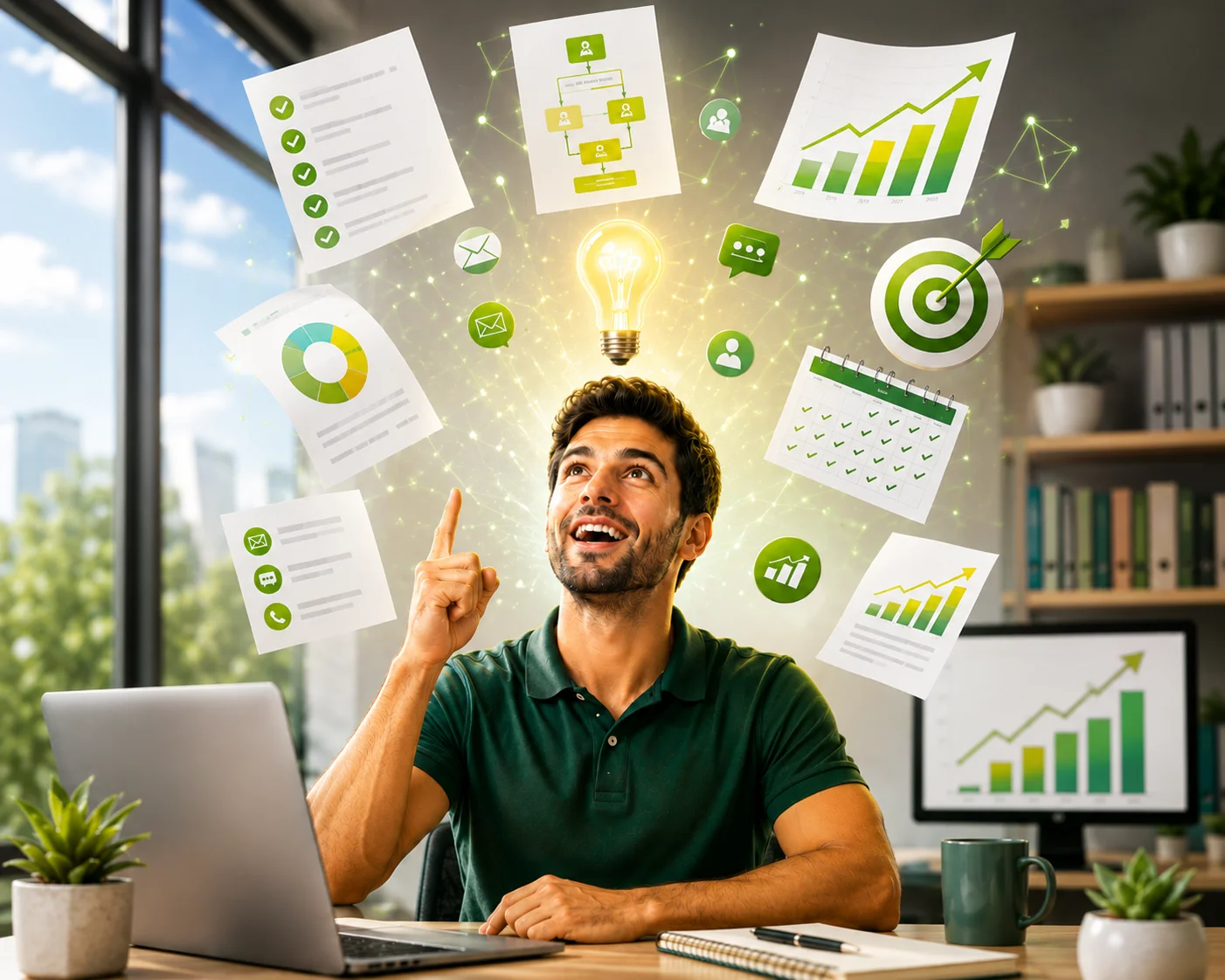 Vendedor rodeado de documentos, gráficos e ideas sobre el nuevo paradigma de ventas