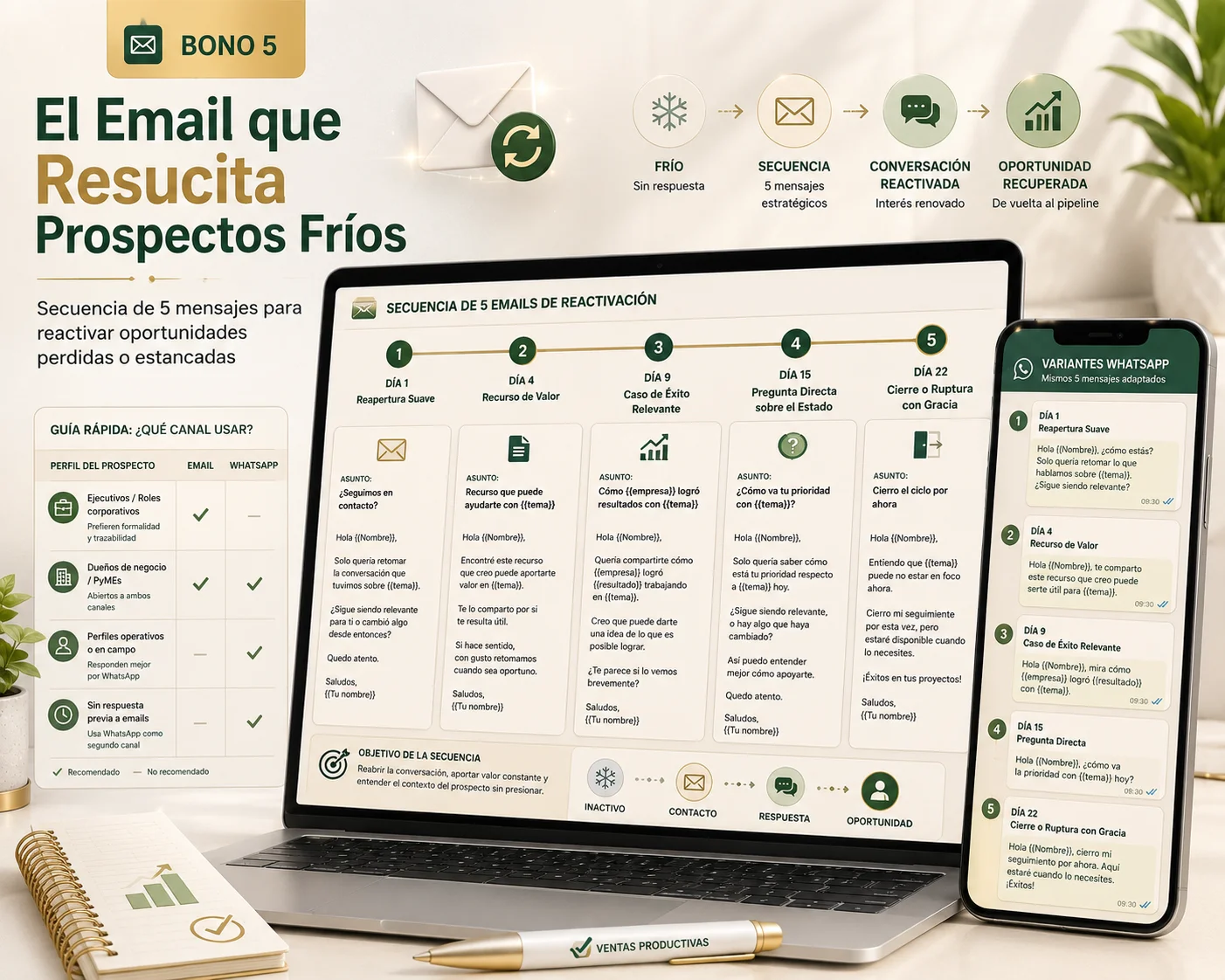 Mockup de El Email que Resucita Prospectos Fríos: laptop con la secuencia de 5 emails de reactivación (días 1, 4, 9, 15 y 22), smartphone con variantes de WhatsApp y guía de qué canal usar según el perfil del prospecto
