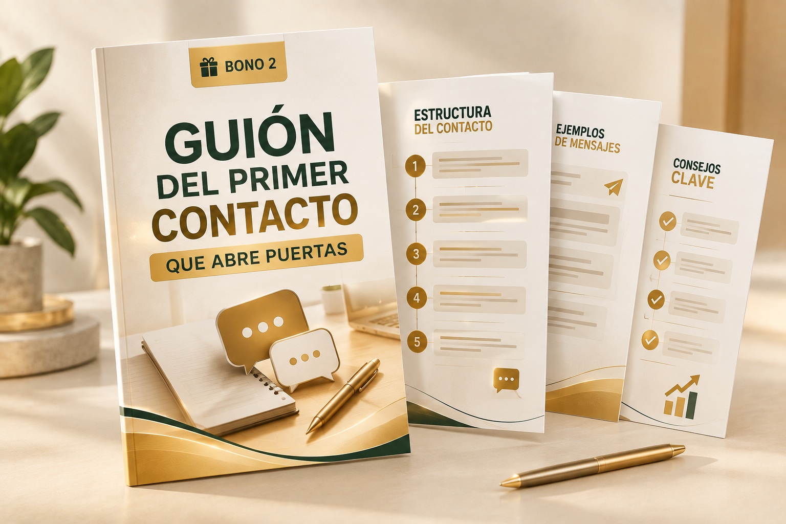 Mockup del Guión del Primer Contacto: guía con portada verde y oro, páginas interiores con estructura, ejemplos y consejos