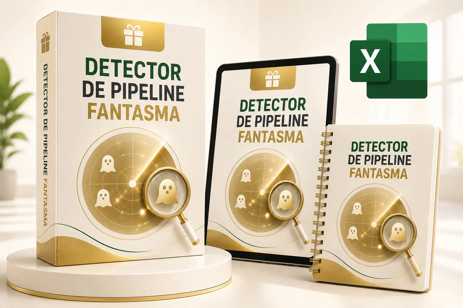 Mockup del Detector de Pipeline Fantasma: caja de producto, tablet y cuaderno con diseño radar y fantasmas en oro y verde