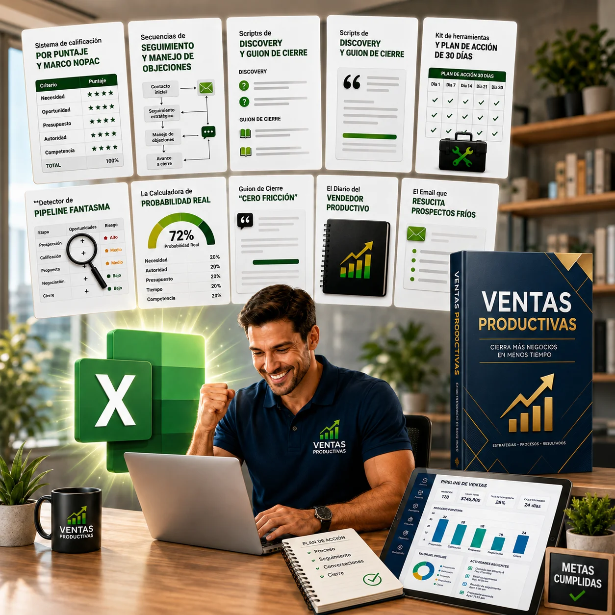 Ventas Productivas: libro, tablero de pipeline, plan de acción y los bonos digitales que incluye el bundle completo