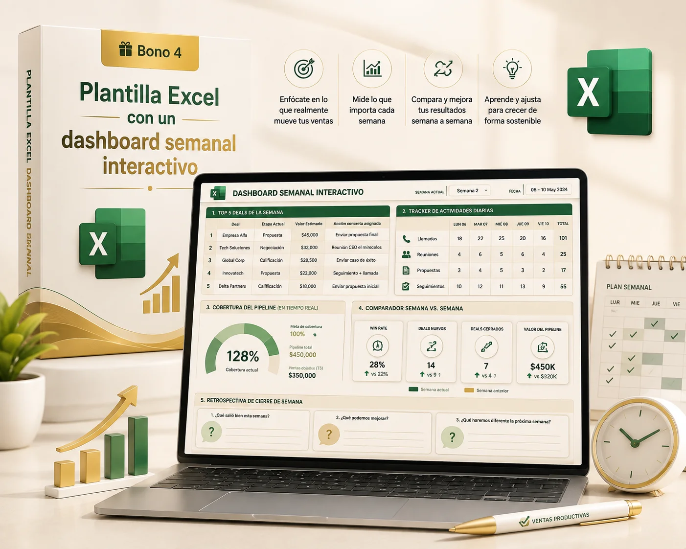 Mockup del Tablero Semanal del Vendedor Productivo: caja de producto, laptop con dashboard Excel interactivo e iconos verdes y dorados de plantilla y métricas