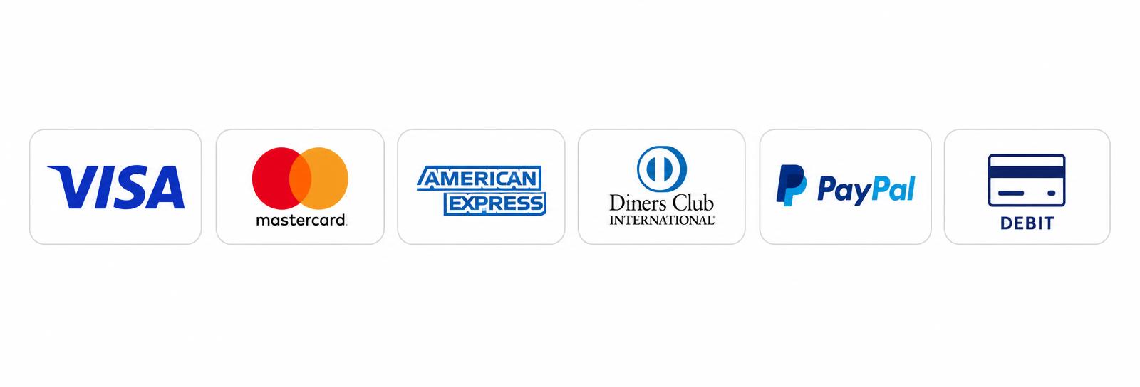 Métodos de pago aceptados: Visa, Mastercard, American Express, Diners Club, PayPal y tarjetas de débito